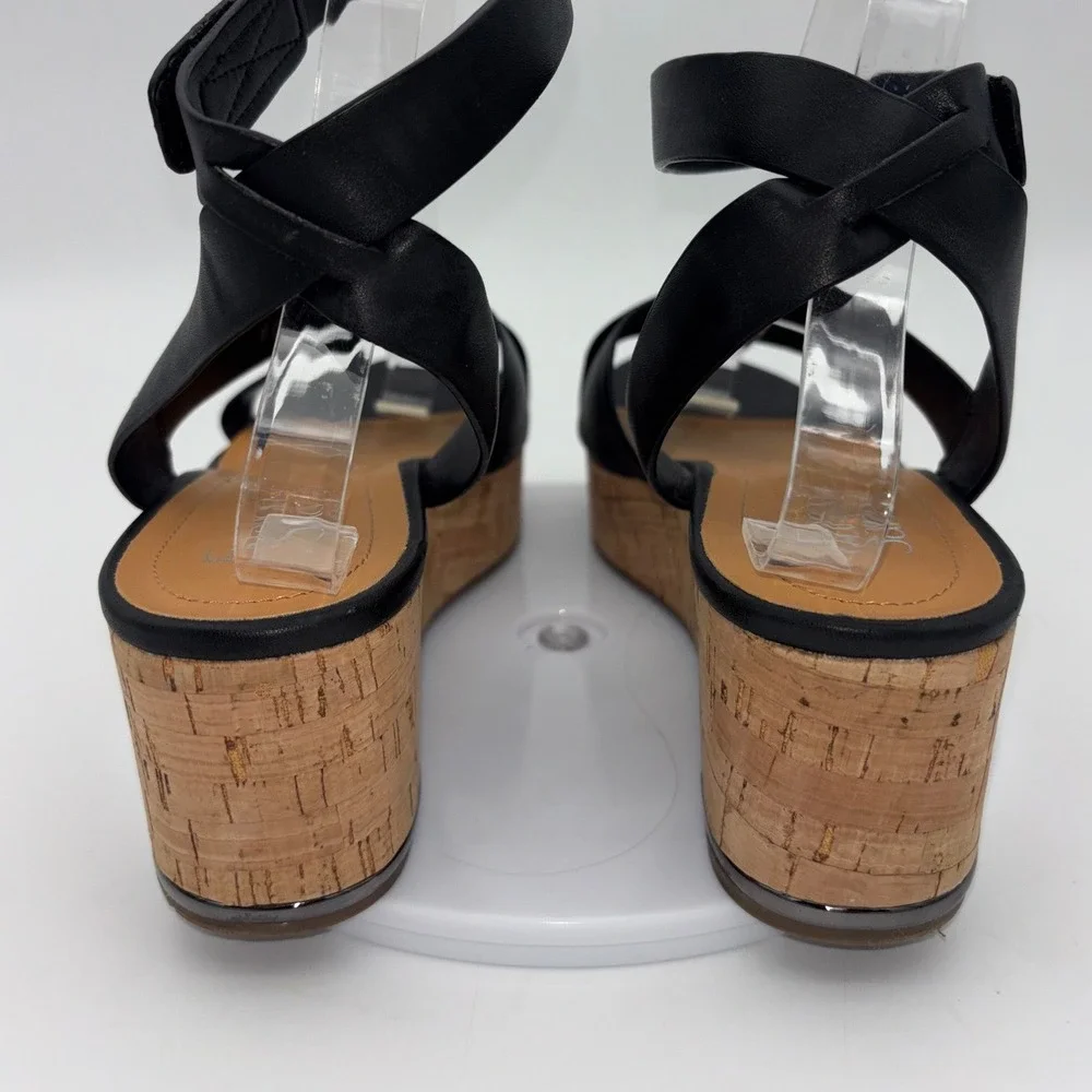 FRANCO‎ SARTO Black Wedge Shoe Sandal Heel Patty Women Strappy Cork Platform 9